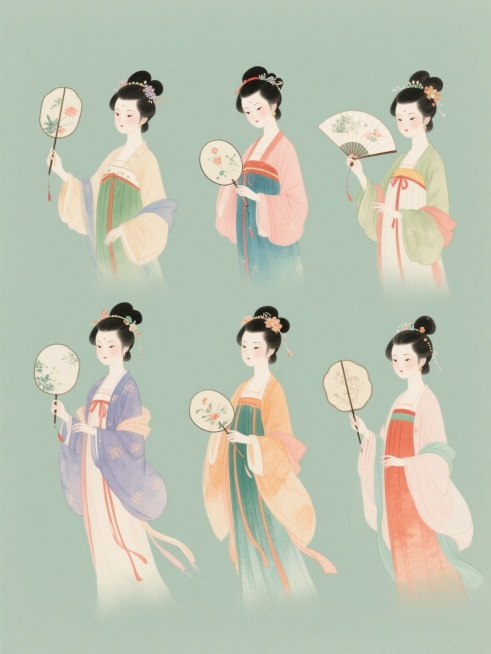 中国传统水墨风格插画，六位身着不同色彩汉服的持扇仕女，每位仕女造型各异，手持形状与样式各不相同的扇子，整体画面色彩变换丰富，采用纯色背景，所有元素规整排布成素材集合，保持淡雅的水彩晕染质感，线条流畅细腻，人物表情温婉，服饰细节精致，发髻装饰各具特色，营造古典雅致的氛围。预览效果