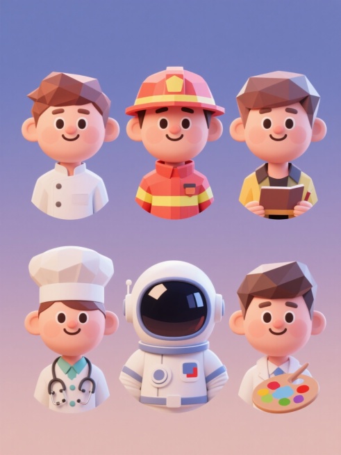 系列人物头像素材集合，6个不同职业角色规整排布，3D卡通风格，低多边形设计，柔和渐变纯色背景，每个角色保持圆润面部轮廓、大而明亮的眼睛、微笑表情，高光泽材质渲染，统一光影效果，职业分别为医生、厨师、消防员、教师、宇航员、画家，每个角色穿着对应职业的典型服饰与配饰，整体构图对称平衡，色彩和谐统一，细节精致。预览效果