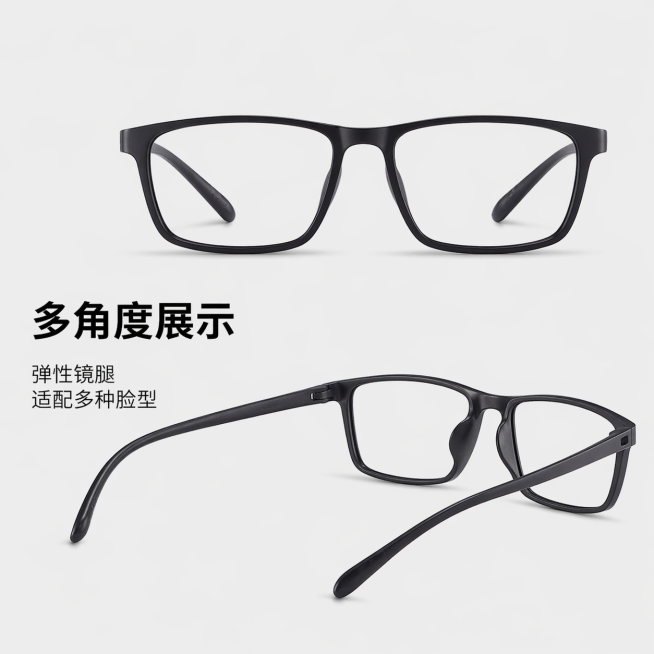 [主图 4] 多角度展示近视眼镜。[氛围风格] 简约专业电商风格，保持全套风格统一。[画质] 商业摄影质感、光线柔和通透、产品清晰真实、画面干净高级。[元素] 上下排列展示两款不同角度的近视眼镜，上方预览效果