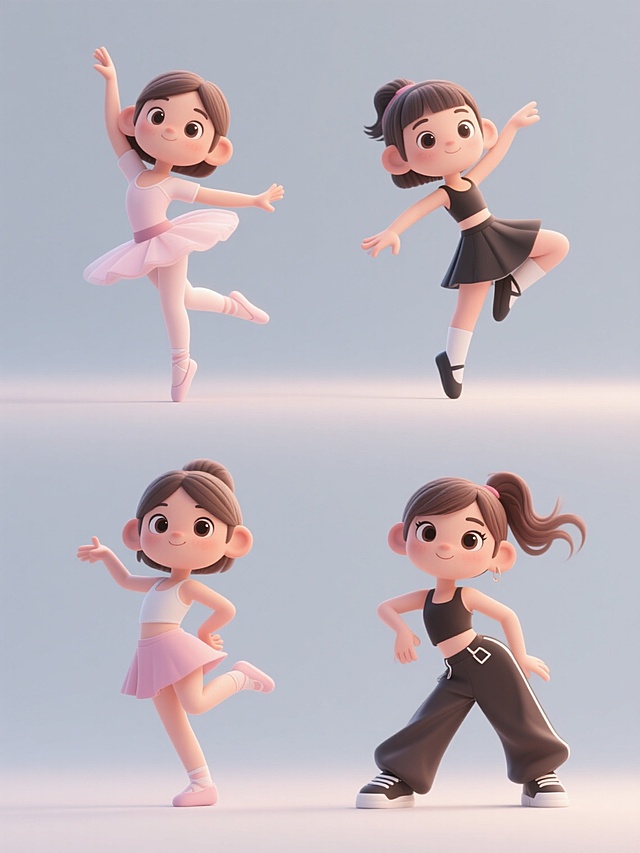 四个规整排布的3D卡通小女孩舞蹈素材，均采用圆润可爱的3D建模风格，明亮柔和的光影效果，平滑细腻的材质表现，简约现代的整体造型。每个小女孩穿着不同款式的舞蹈服装，分别做出四种不同的舞蹈动作：一位伸展双臂的芭蕾舞姿势，一个活泼跳跃的爵士舞动作，一个优雅旋转的现代舞姿态，以及一个充满力量感的街舞定格动作。所有元素均以纯色背景呈现，无任何文字、logo或水印，保持画面简洁干净，整体风格统一且富有童趣。