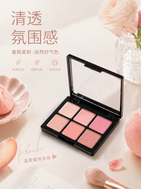 整体场景展示，将眼影盘放置在简约浅色桌面，搭配淡粉色蜜桃装饰元素，体现温柔蜜桃主题，卖点文字"清透氛围感"，整体简约大气配色舒适，3:4比例，适配淘宝电商主图预览效果