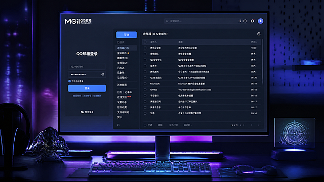 科技感风格，电脑桌上的电脑屏幕特写，屏幕内清晰显示QQ邮箱登录及收件箱页面界面，深色科技蓝紫渐变色调，屏幕发出柔和冷光，桌面有键盘、鼠标、科技感小摆件，细腻的光影质感，未来科技氛围，高细节，电影级画质