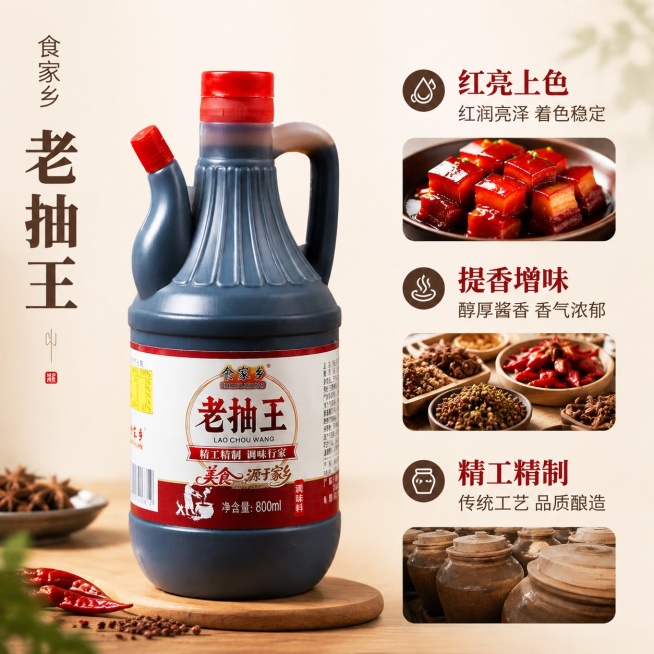 [第2屏] 核心卖点拆解展示，食家乡老抽王三大优势。本屏使用【图1】作为商品主体。
[氛围/风格] 干净简约家居风，暖调柔光，清晰通透，商业实拍质感
[元素布局] 产品放置于画面左侧占比约65%，右侧预览效果