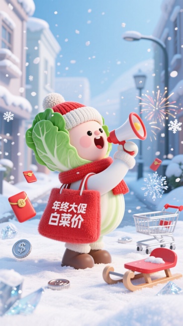 主视觉为戴着毛线帽围巾的白菜小人拿着雪地喇叭，背着毛绒红色购物袋呼喊，购物袋印着 “年终大促 白菜价”，冬日雪景促销氛围，红白与浅蓝配色的雪景街道背景，点缀雪花造型红包、银币、冰晶礼花、雪橇购物车元素预览效果