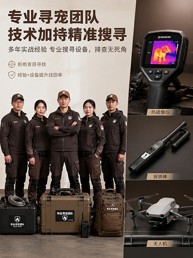 图 1 主打：暖心陪伴 + 情感服务（主打情感特色，击中用户情绪）
主标题：心系毛孩子 温暖守护每一份牵挂
副标题：全程贴心跟进，陪您等候爱宠归来 
配图建议：温馨人宠合影 / 工作人员安抚宠主画面 
突出特色：区别纯技术团队，主打有温度的寻宠服务

图 2 主打：专业团队 + 设备技术（硬核专业特色，建立信任）
主标题：专业寻宠团队 技术加持精准搜寻 
副标题：多年实战经验 + 专业搜寻设备，排查无死角 
配图建议：团队工作照、专业寻宠设备特写 
突出特色：拒绝盲目寻找，靠经验 + 设备提升找回率

图 3 主打：极速响应 + 24 小时服务（时效特色，解决 “怕耽误黄金时间” 痛点）
主标题：24 小时全天候接单 即刻出队 
副标题：抢抓黄金寻宠期，分秒必争不拖延 
配图建议：团队整装出发、夜间搜寻场景 
突出特色：全天候服务、响应快、行动快

图 4 主打：成都本土深耕（地域专属特色，区别外地团队）
主标题：成都本土总店 熟遍全城街巷 
副标题：全域覆盖搜寻，小区 / 商圈 / 郊野精准排查 
突出特色：本地团队，熟悉地形环境，比外来团队更高效




图 5 主打：透明服务 + 口碑保障（售后 / 诚信特色，打消顾虑）
主标题：服务全程可追溯 收费透明无隐形消费 
副标题：实时同步搜寻进度，用心完成每一次托付 
配图建议：客服对接、进度反馈聊天界面简约示意图 
突出特色：消费透明、服务靠谱、售后完善