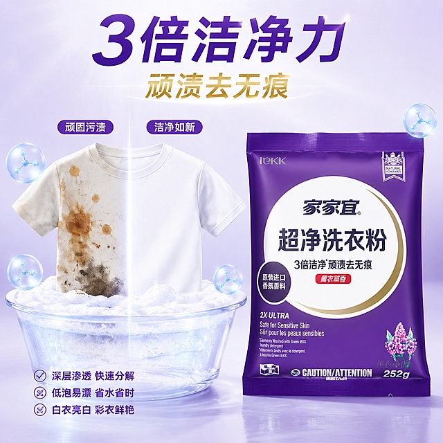 [主图-2] 洁净力功效介绍图，核心卖点展示。
[氛围风格] 科技洁净感，高端专业，简洁有力；
[画质] 商业摄影质感、光线通透、产品清晰、画面干净高级。
[元素] 家家宜紫色洗衣粉包装位于画面右侧，产品正面完整。左侧展示洁净力可视化效果：一件白色T恤，一半是带有顽固污渍（酱油渍、汗渍、泥渍）的脏污状态，另一半是洁白如新的洁净状态，中间有明显分界线，形成左右对比效果。T恤下方有透明洗衣盆，盆中有丰富细腻的白色泡沫和水波纹。周围漂浮着几颗活性酶粒子，发出淡蓝色微光，象征去污成分。背景为浅紫色渐变到白色，干净明亮。**保持洗衣粉产品外观（即物理结构、材质质感、颜色、包装设计）与输入产品图一致，杜绝任何变形和色差**。商品主体占比约45%。
[光影] 顶部柔光均匀打亮整个画面，左侧洁净区域更明亮，突出对比效果；产品有柔和侧光勾勒轮廓，泡沫有通透光感。
[配色] 主色浅紫渐变（背景）；辅色白色（洁净、泡沫）；点缀色淡蓝（活性酶光效）、金色（数据强调）。
[视角构图] 正面平视，左右对比构图，左效果右产品；视觉重心在对比效果上。
[文字版式] 顶部居中主标题"3倍洁净力"，深紫色粗体大字；下方副标题"顽渍去无痕"，金色中号字。左侧脏污区上方小字标注"顽固污渍"，洁净区上方小字标注"洁净如新"。底部三行短卖点："深层渗透 快速分解"、"低泡易漂 省水省时"、"白衣亮白 彩衣鲜艳"，深紫色小字左对齐排列。文字占比小于30%。
[输出要求] 1:1比例，文字清晰锐利，超高清商业摄影质感。
[负向提示词] 变形，文字错乱，产品图模糊，背景杂乱，水印，电商平台Logo，第二件半价，一瓶即净，一瓶搞定，绝对化用语，其他产品。
