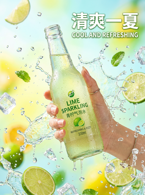 商业海报，一只手紧握一瓶青柠气泡水，瓶身透明，液体呈淡青色，标签清晰。背景为明亮青黄色，周围环绕飞溅的透明水花、晶莹冰块、新鲜青柠片，营造夏日冰爽活力氛围。风格为超写实商业摄影、数字艺术，光影通透细腻预览效果