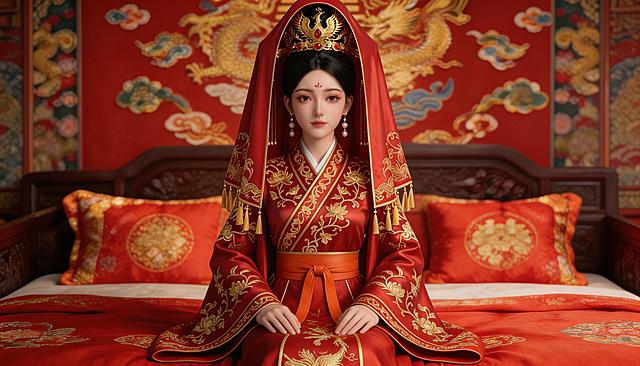 拉远画面变成中景，人物坐在中式喜床床沿，人物的服装、造型和五官参考第一张图，保留图2的中式红金传统婚礼背景和红盖头、凤冠，整体是古典中式新娘出嫁的氛围