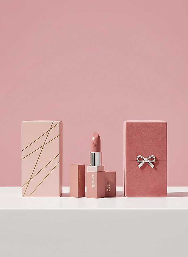 以图中的产品为元素，设计一套2款包装盒，产品正放在包装盒旁边，包装盒和产品都立在桌子上，粉色浪漫感，纯色背景，高级质感。