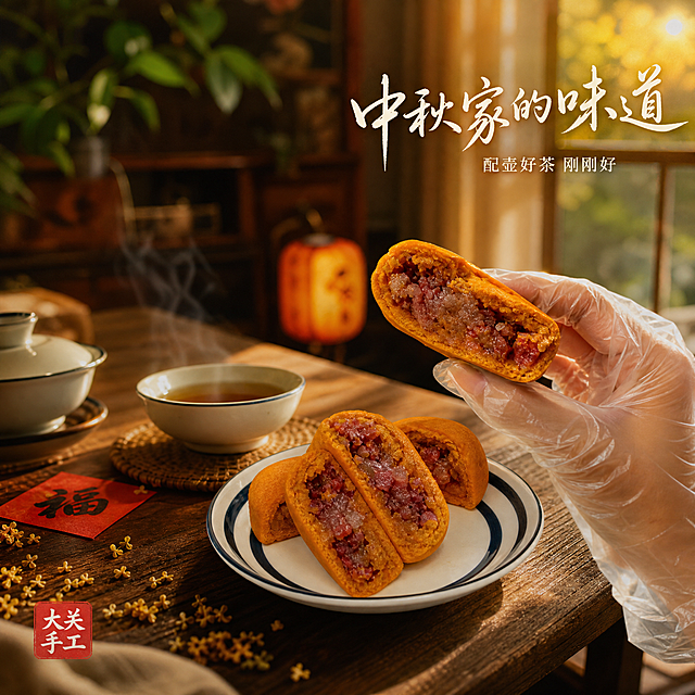 [主图-4] 大关手工月饼生活场景食用体验图。
[氛围风格] 中秋家庭温馨场景 Vlog随手拍感 真实自然 抖音生活化种草风。
[画质] 生活方式美食摄影质感 自然光感 画面温暖有故事感 高清真实。
[元素] 暖木色小圆桌上 摆放着一套中式茶具 白瓷蓝边盘里放着3-4个金黄的手工月饼 其中一个被切开露出火腿馅料 旁边有一杯冒着热气的普洱茶 茶杯升腾起细微的白汽。桌面上散落干桂花 红纸小福字 中秋元素小灯笼虚化在背景。窗外是暖黄色的黄昏光线 窗帘半透。一只手（戴透明手套或自然手部）正拿起一块月饼准备品尝 动作自然生活化。背景是温馨的中式家居一角 木质家具与绿植虚化。保持月饼外观（即物理结构 材质质感 颜色 馅料形态）与输入产品图保持绝对一致 杜绝任何变形和色差 精细化处理。商品主体占比约50%。
[光影] 黄昏暖金色自然光从窗外射入 侧逆光勾勒月饼轮廓 桌面有柔和光影 整体温暖治愈 暗部有层次 氛围感强。
[配色] 主色调暖木棕+金黄夕阳光 辅助色米白瓷盘 强调色月饼金黄与火腿红。
[视角构图] 第一人称视角略俯视 类似手机随手拍角度 月饼与茶为视觉中心 前景有虚化的桌角 后景虚化家居 层次丰富。
[文字版式] 右上负空间右对齐 主标题手写体写"中秋家的味道" 暖白色带轻微阴影 字号较大。下方小字"配壶好茶 刚刚好" 白色细体 较小。左下角印章式红标写"大关手工" 白字。
[输出要求] 1:1比例 文字清晰锐利 超高清生活方式摄影质感。
[负向提示词] 变形 文字错乱 产品模糊 背景杂乱 水印 电商平台Logo 手指畸形 多余的手。