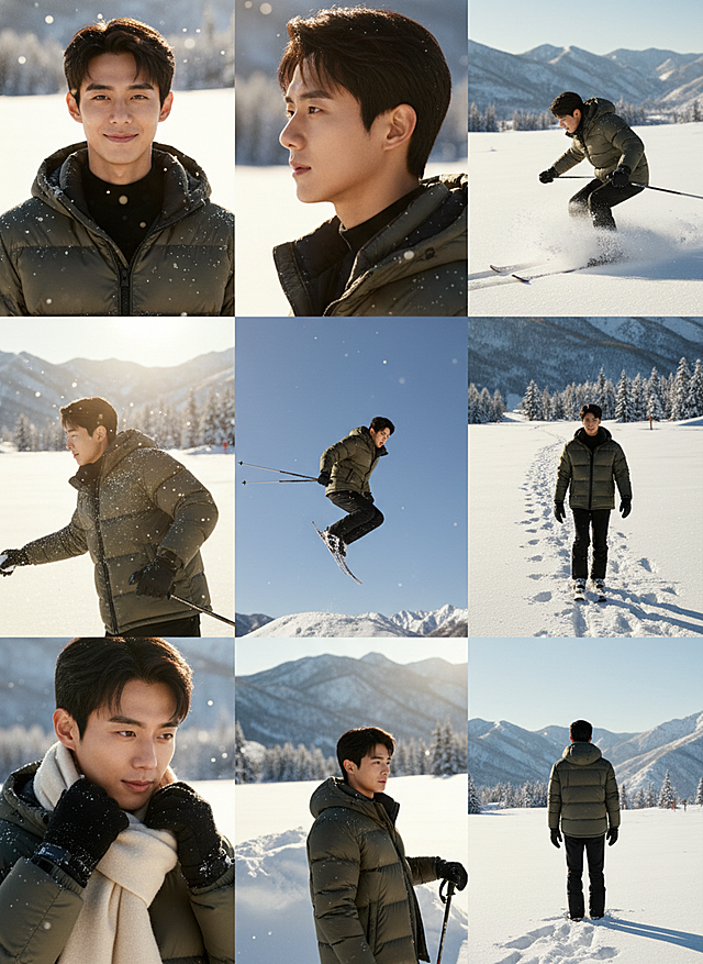 雪域光影中的时尚剪影，胶片质感捕捉滑雪瞬间的动感与静谧，杂志风构图展现冬日浪漫与优雅故事感。