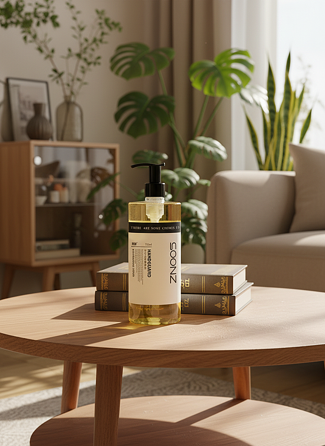 主体置于木质圆桌上，旁边有几本堆叠的书籍，背景是摆放着绿植、木质柜子和米色沙发的客厅，整体以暖色调为主