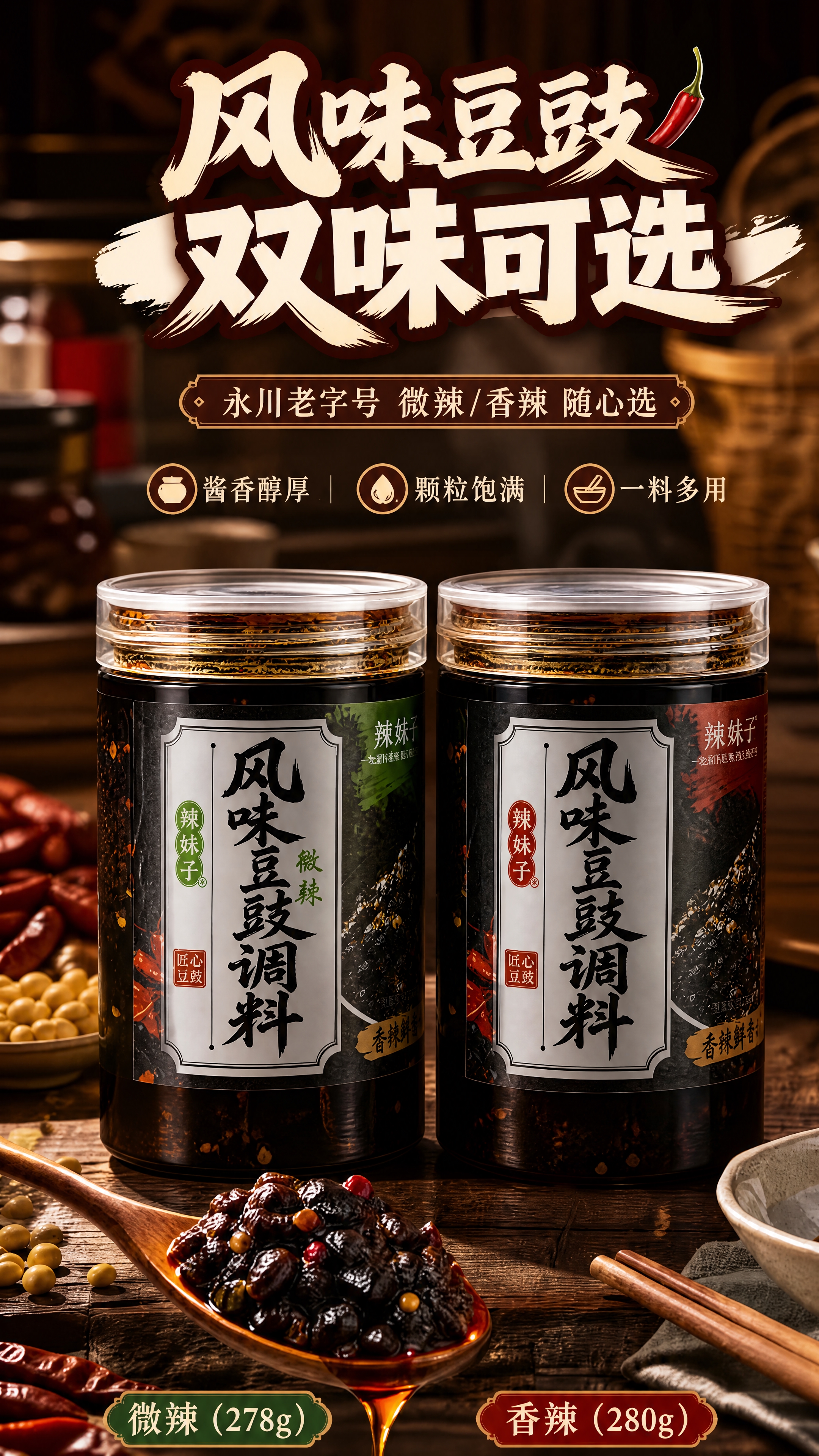 将图1海报中的两个豆豉罐产品替换为图2和图3的罐体样式：左侧替… - 图片创意预览