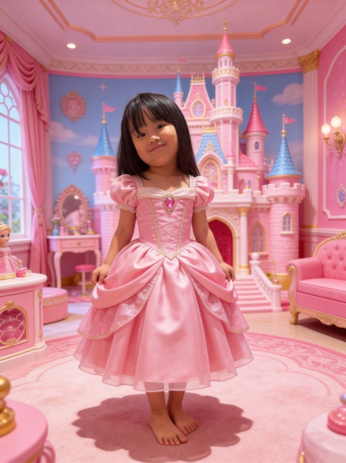保留原图小女孩的脸型和年龄特征，将衣服换成芭比娃娃风格的粉色公主裙，替换背景为芭比梦幻粉色城堡房间预览效果