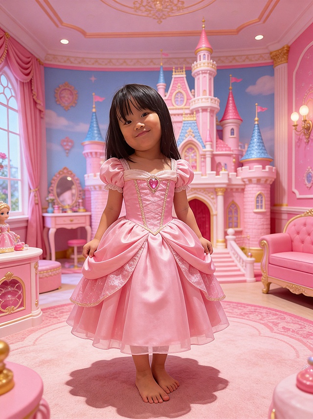 保留原图小女孩的脸型和年龄特征，将衣服换成芭比娃娃风格的粉色公主裙，替换背景为芭比梦幻粉色城堡房间