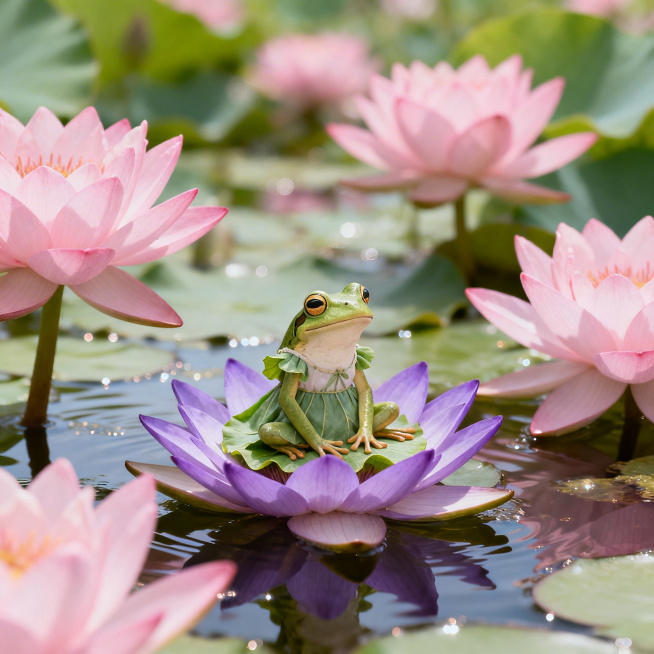 童话故事风格，穿着荷叶小裙子的青蛙坐在睡莲上，周围是盛开的荷花，画面清新雅致预览效果