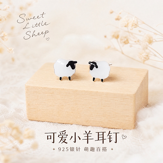 [主图-1] 首图点击率 可爱小羊耳钉整体氛围展示 突出萌趣治愈的少女感
[统一基调] 奶油白浅米色背景 整体清新温柔治愈风 浅色系柔光 精致文艺字体 标题字色深棕灰 辅助字色浅棕灰 强调色奶白色 无厚重色块 画面干净通透
[画面] 一对可爱小羊耳钉居中偏上摆放 小羊造型完整清晰 白色滴油羊身 黑色羊头和四肢 圆润可爱 耳钉放置在浅原木小方块上 背景为奶油白柔焦纹理 周围散落极少量干花或棉絮装饰 营造温柔治愈氛围 主体占比约60% 正面微俯视角度 产品清晰锐利 边缘干净无毛刺 滴油表面光滑有光泽 925银针部分有细腻金属光泽
[光影质感] 商业珠宝摄影质感 顶部柔光箱主光 左侧辅助光 右侧柔和阴影 耳钉底部有自然接触阴影 滴油表面有柔和高光反射 金属针部分有细腻拉丝高光 整体光影柔和不刺眼
[配色] 背景奶油白+浅米色 产品白黑配色 点缀浅原木色 文字深棕灰 整体低饱和温柔色系
[文字版式] 画面左上角小号手写体英文装饰 "Sweet Little Sheep" 画面底部居中主标题 "可爱小羊耳钉" 主标题下方小号辅助文案 "925银针 萌趣百搭" 字体文艺精致 大小对比明显 文字不遮挡产品主体
[输出要求] 1:1正方形 2048x2048像素 产品清晰 文字清晰可读 无变形 无错字 无水印 无平台Logo 无多余杂物