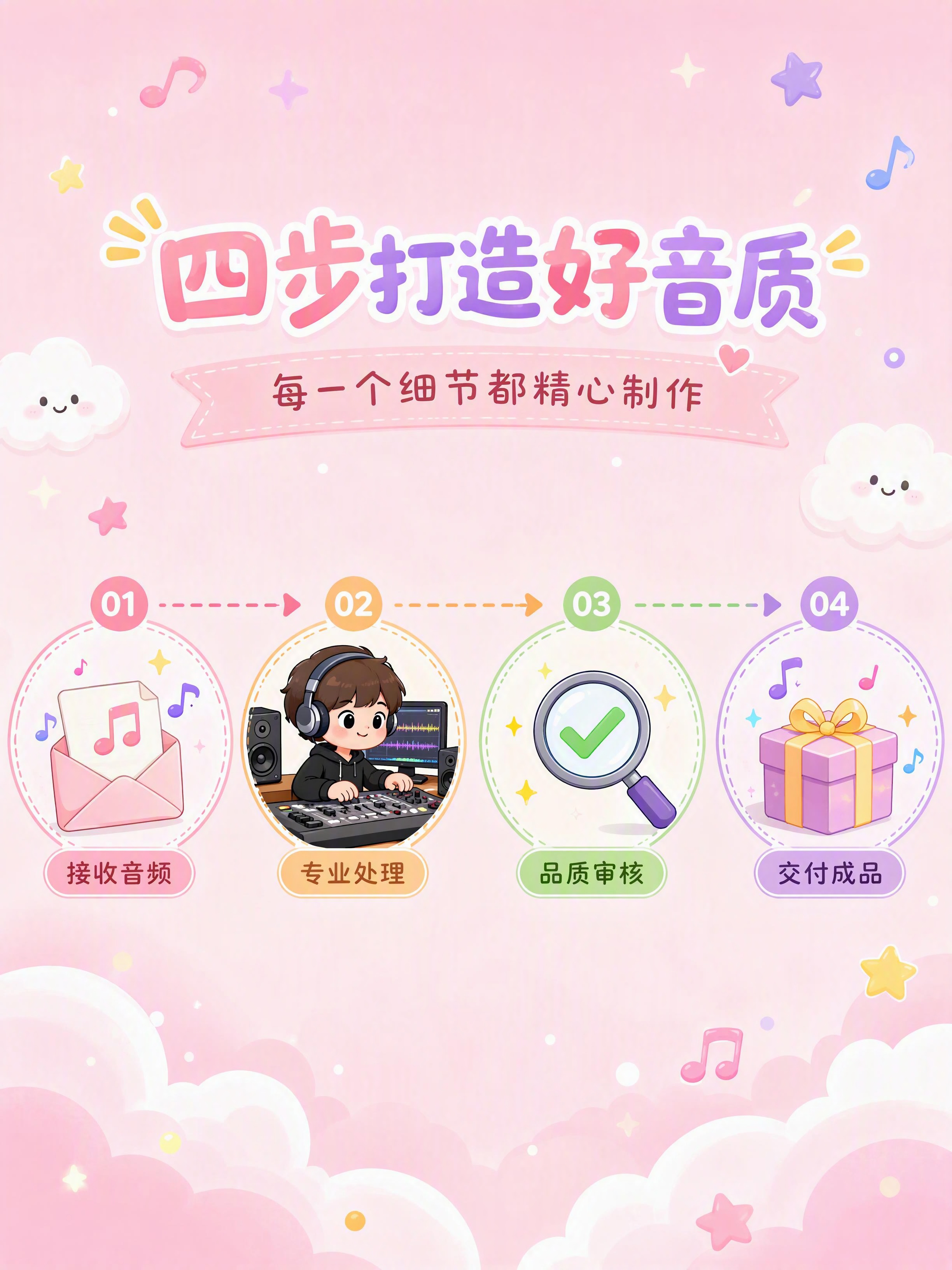 第3张 混音修音服务流程拆解详情页。卡通可爱风格，马卡龙色系，… - 图片创意预览