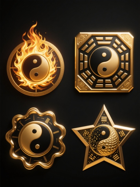纯色背景，保持金色与黑色为主色调的中国传统神秘风格，4个完全不同造型的八卦元素系列素材集合规整排布。每个八卦元素均包含核心的阴阳鱼图案和外围八卦符号，第一个为旋转燃烧着金色火焰的圆形八卦盘，火焰呈放射状向外扩散；第二个为方形八卦阵，边角锐利，八卦符号立体凸起，周围环绕金色光晕；第三个为不规则多边形八卦图，边缘有流动的金色波纹，阴阳鱼内部有鳞片纹理；第四个为星形八卦造型，每个角对应一个卦象，中心……预览效果
