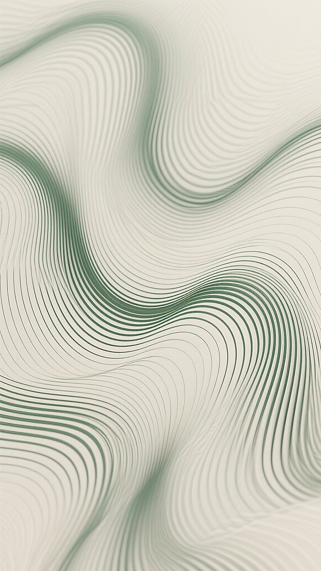 一张具有流动感的抽象纹理图案，由密集排列的细长线条构成，线条呈现出柔和的波浪状扭曲和重叠，形成类似布料褶皱或流体运动的视觉效果。整体色彩从背景的浅米色逐渐过渡到线条的深绿色，线条的粗细均匀，排列紧密且富有节奏感，营造出细腻而富有动态的视觉肌理，整体风格简约现代，具有优雅的韵律感和层次感。