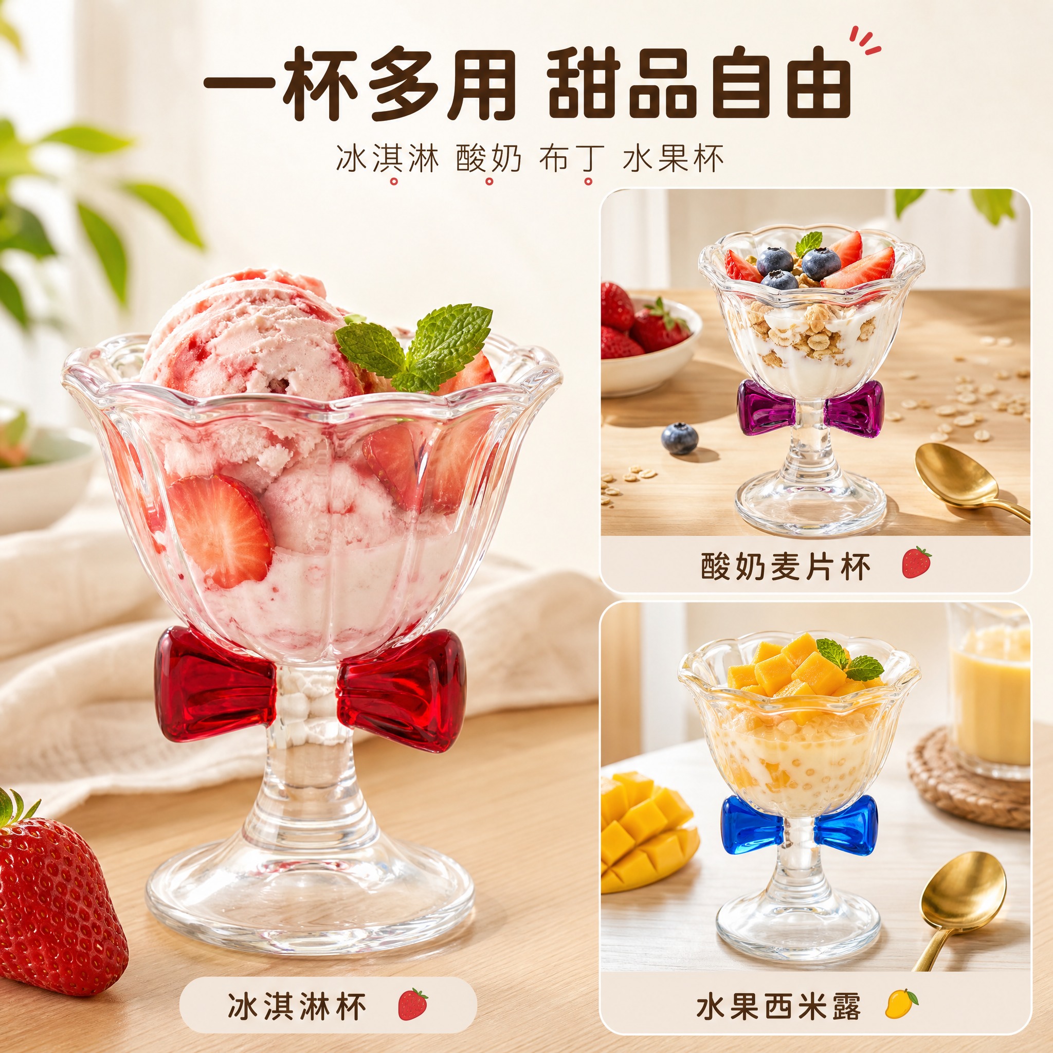 [主图-2] 蝴蝶结玻璃冰淇淋杯 核心亮点多用场景展示 [统一… - 图片创意预览