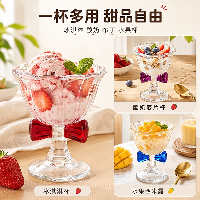[主图-2] 蝴蝶结玻璃冰淇淋杯 核心亮点多用场景展示
[统一基调] 淘宝/天猫风格，专业品质感，洁净通透家居氛围；背景主色浅米白+浅木色，标题字色深咖色，辅助字色暖灰色，强调色莓果红；字体为圆润无衬线中文字体，标题粗体大号，辅助文字缩小50%以上；整体明亮自然光，高亮通透，清爽秩序感。
[画面] 画面采用左右分栏布局，左侧是一只红色蝴蝶结冰淇淋杯，杯中盛放着草莓冰淇淋球+新鲜草莓片+薄荷叶点缀，右侧上下排列两个小场景图：上方是紫色蝴蝶结杯装着水果酸奶麦片，下方是蓝色蝴蝶结杯装着芒果西米露；主杯占左侧约55%画面，右侧两个小场景各占右侧一半，每个小场景都有对应甜品和新鲜食材搭配，展示杯子的多种用途。
[光影质感] 商业美食摄影质感，自然光柔和明亮，冰淇淋和水果新鲜诱人，玻璃杯壁有食物倒影，杯底有自然阴影，整体通透有食欲。
[配色] 浅米白背景+食物本身的丰富色彩+深咖标题+莓果红强调色，色彩清新有食欲。
[文字版式] 顶部居中主标题「一杯多用 甜品自由」，下方副标题「冰淇淋 酸奶 布丁 水果杯」；右侧每个小场景下方标注对应用途名称；文字不遮挡食物和杯身主体。
[输出要求] 1:1正方形，2048x2048，文字清晰可读，产品清晰不变形，无错字，无水印，无平台Logo，食物新鲜自然不夸张。