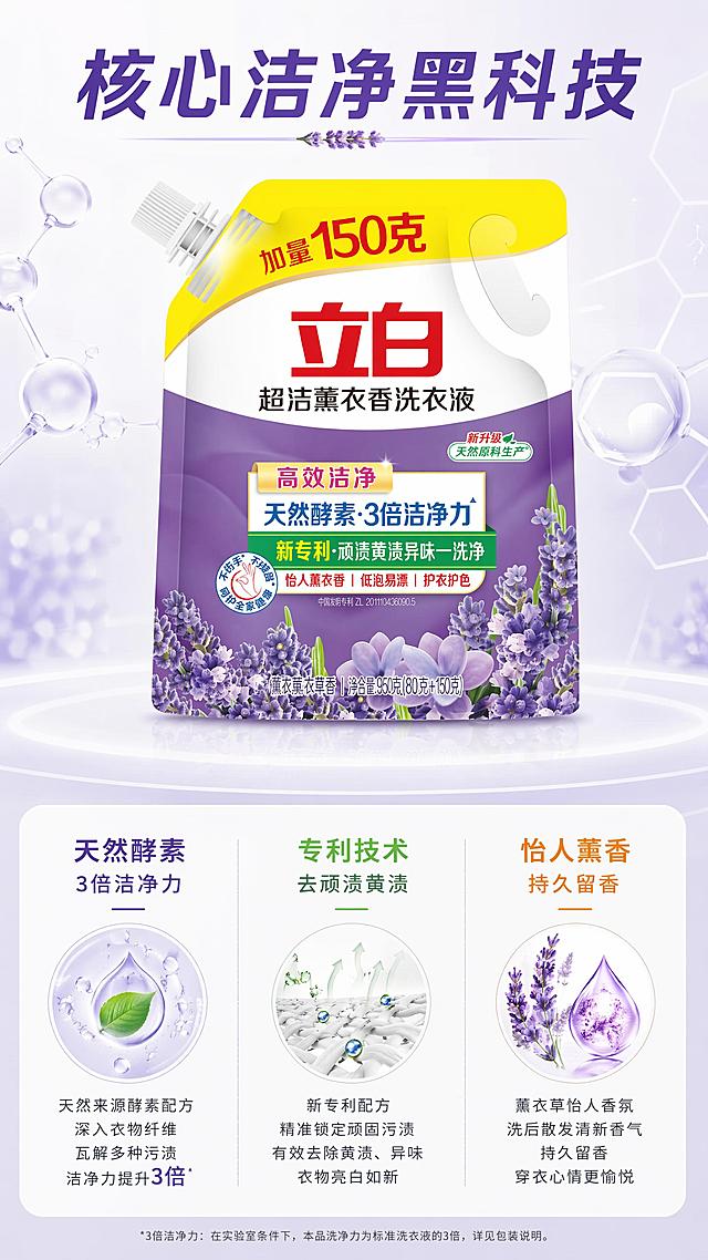 [第3屏] 核心功效解析，讲解天然酵素与专利洁净技术。本屏使用【图1】作为商品主体。
[氛围/风格] 专业解析风，干净科技感，清晰易读。
[元素布局] 商品放置在上半部分居中占比约50%，下半部分分三格展示核心卖点，每个卖点配简约图标和说明文字，保留商品包装外观和文字与原图完全一致。
[光影质感] 均匀布光，整体明亮，商品和信息区域清晰区分。
[配色色系] 全局底色 #f8f8fc，主色薰衣草紫，白色卡片背景，绿色和黄色点缀不同卖点区域。
[视角构图] 上下分栏构图，上商品下卖点，阅读从上到下。
[文字版式] 顶部主标题「核心洁净黑科技」，三个卖点分别标注「天然酵素 3倍洁净力」、「专利技术 去顽渍黄渍」、「怡人薰香 持久留香」，文字清晰大小适中，分区排版不拥挤。
[比例分辨率] 9:16竖版比例，1080×1920像素，4K分辨率，文字清晰可辨，高清画质。
[负向提示词] 商品结构错误，文字重叠，颜色混乱，绝对化夸大宣传，水印