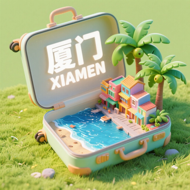 俯视图，一个打开的行李箱，行李箱内侧盖子写着“厦门 XIAMEN“，行李箱体里是沙坡尾、大海、椰子树组成的3d微缩景观，行李箱被放在草地上预览效果
