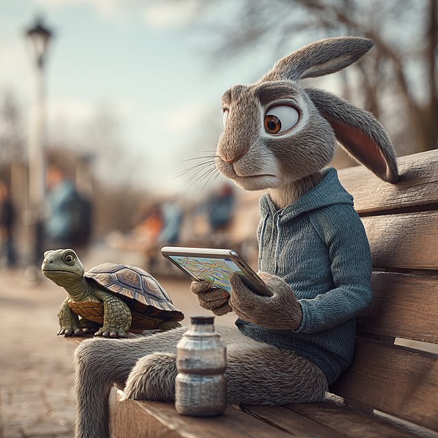 主题设定： 现代城市马拉松赛道，一场备受瞩目的“龟兔锦标赛”。
关键帧序列：
关键帧 1：雄心勃勃的起跑

画面描述： 盛大的城市马拉松起点。兔子身穿专业的荧光色跑步背心，戴着运动耳机，在起跑线前专注地做着高抬腿热身，眼神锐利，充满自信。乌龟则穿着舒适的运动服，脖子上系着毛巾，正平和地向镜头挥手。背景是拱门、人群和高楼大厦，气氛热烈。

提示词： Wide shot of a bustling city marathon start line. A lean, focused rabbit in professional runner's gear does warm-up stretches. A calm turtle in casual sportswear smiles and waves to the crowd. Modern architecture, banner reads “Tortoise & Hare Championship”, dynamic morning light, photorealistic.

关键帧 2：兔子的战略性“休息”

画面描述： 赛道中途的公园休息站。兔子没有睡觉，而是坐在一张长椅上，手里拿着平板电脑，正在认真研究前方的赛道3D地图和实时心率数据。他的身边放着一瓶功能饮料，表情是深思熟虑的“策略家”模样。远处，可以看到乌龟正以稳定但缓慢的步伐跑过。

提示词： Medium shot, rabbit sitting on a park bench at a race rest stop, analyzing a digital race map on a tablet, looking strategic and intelligent. A water bottle beside him. In the blurred background, the turtle is seen running steadily on the path. Soft daylight, cinematic composition.

关键帧 3：乌龟的稳定节奏

画面描述： 乌龟的特写。他正匀速经过一个里程指示牌，汗水流淌但呼吸平稳，眼神坚定地望着前方。他的步伐虽慢，但每一步都扎实有力，充满了毅力。周围有零星的观众为他加油。

提示词： Close-up shot of the turtle running, determined expression, steady breath, sweat on forehead. A milestone marker shows “Halfway” in the background. Supportive spectators out of focus. Golden hour lighting, emphasizing perseverance, detailed texture.

关键帧 4：兔子的全力冲刺

画面描述： 比赛进入最后几公里。兔子在经过充分的分析和体能分配后，开始了全力冲刺。他身体前倾，步伐极大，表情因发力而紧绷，像一道闪电般穿过城市街道。画面充满速度感和力量感。

提示词： Low-angle dynamic shot of the rabbit sprinting at full speed in the final stretch. Motion blur on the background buildings and road, his muscles taut, face determined, a burst of energy and speed. Urban environment, dramatic sunset light, sense of immense velocity.

关键帧 5：戏剧性的终点线前

画面描述： 终点线拱门就在眼前。乌龟距离终点仅有十几米，正在做最后的坚持。然而，兔子如同旋风一般从他身边高速掠过，带起一阵风。乌龟脸上露出惊讶但豁达的表情。这个瞬间充满了戏剧性的张力。

提示词： Dramatic shot near the finish line arch. The turtle, close to the line, looks sideways in surprise as the rabbit blurs past him in an explosive sprint. The rabbit is a streak of motion, the turtle in sharp focus. Crowd cheering, tension-filled moment, cinematic freeze frame.

关键帧 6：胜利者的反思

画面描述： 比赛结束后。兔子已经戴上了冠军奖牌，他并没有得意忘形，而是主动走向刚过终点、正在擦汗的乌龟。他友好地伸出手，与乌龟击掌或握手，脸上带着敬佩的笑容。背景是颁奖台和散去的观众，寓意着“尊重对手与自我超越”的新结局。

提示词： Heartwarming final shot. The rabbit with a gold medal around his neck respectfully offers a handshake or high-five to the tired but smiling turtle at the finish area. Mutual respect between competitors, warm sunset glow, shallow depth of field, emotional and modern conclusion to the fable.