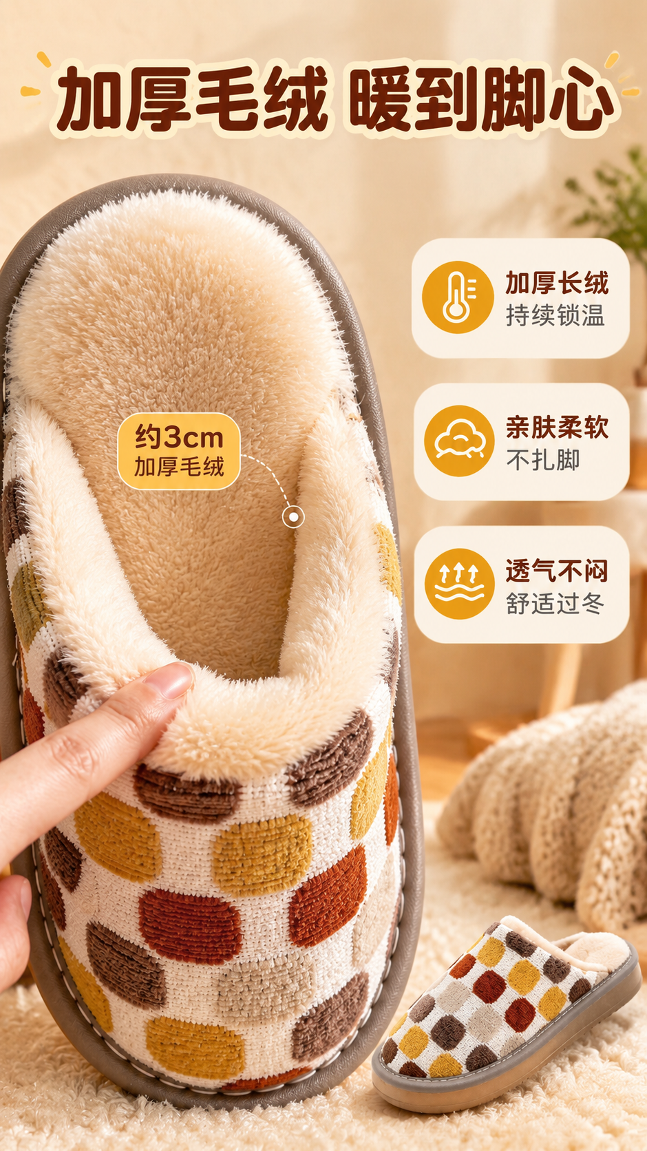 [商品] 使用【图4】棉拖鞋内里毛绒特写；保留米白色加厚长绒内… - 图片创意预览