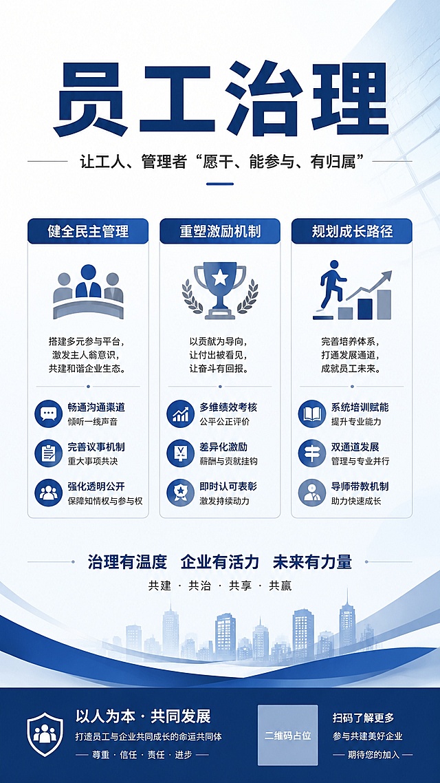 设计一张简约商务风格的企业员工治理主题宣传海报，风格极简留白专业商务。画面顶部为大字号主标题："员工治理"，主标题下方一行副标题："让工人、管理者'愿干、能参与、有归属'"，下方分三栏展示核心模块：第一栏"健全民主管理"，第二栏"重塑激励机制"，第三栏"规划成长路径"，整体排版清晰分区，文字简洁醒目，配色采用商务蓝灰色调，背景干净简约，版式精美。画面中所有二维码区域使用纯色方块占位符呈现，方块中央标注"二维码占位"文字，严禁生成任何可识别的二维码图案。画面中所有信息区域必须填充完整合理的内容，不得出现空白框、空白占位，确保是完整可用的成品海报。画面中所有数字必须精确渲染，不得错位、遗漏或编造。