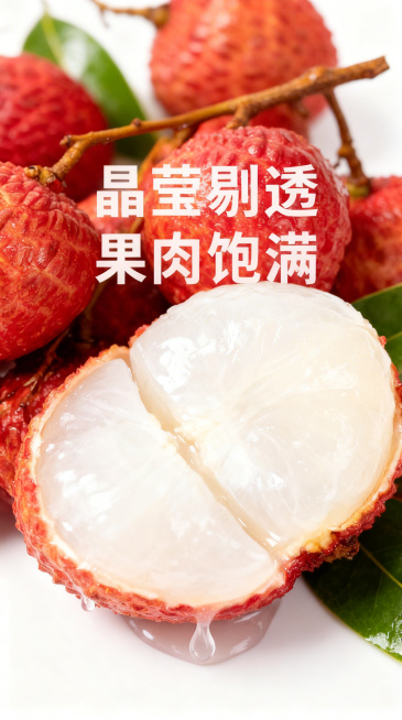 基于原图的新鲜荔枝，生成电商详情图，添加文案"晶莹剔透 果肉饱满"，展示切开的荔枝果肉，洁白通透汁水欲滴，特写拍摄突出果肉细腻水润质感预览效果