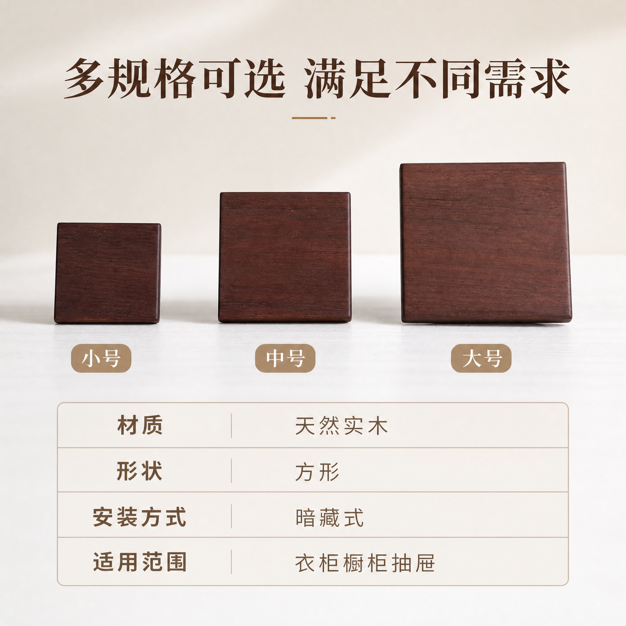 淘宝电商主图第5张，实木拉手尺寸规格展示图。原木自然风格，浅米… - 图片创意预览