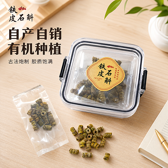 [主图-1] 铁皮石斛枫斗产品首图，放在干净治愈的浅木色办公桌面展示
[氛围风格] 家居治愈风、轻松办公风，自然清新
[画质] 商业摄影质感、光线柔和通透、产品清晰真实、画面干净高级
[元素] 保持铁皮石斛枫斗产品外观、形状、颜色、包装标签文字与输入产品图绝对一致，杜绝任何变形和色差，精细化处理。密封保鲜盒包装和散装枫斗整齐摆放，枫斗颗粒自然排列，商品主体占比严格控制在70%左右，画面满屏无边框
[光影] 自然柔和窗边漫射光，整体亮度均匀通透，枫斗颗粒表面有自然柔和光泽，背景干净简洁
[配色] 主色调为浅木色+米白色，暖调干净清新，与产品颜色自然融合
[视角构图] 俯视视角，产品居中，景深较浅背景虚化
[文字版式] 左上角提取原产品标签"铁皮石斛"同款字样，左对齐留安全边距，大字主文案"自产自销 有机种植"，用棕黑色粗体字，颜色对比清晰不遮挡产品；辅助小字"古法炮制 胶质饱满"放在主文案下方，字号缩小一半，字体纤细
[比例分辨率] 1:1 比例，4k 分辨率；文字清晰锐利，画面超高清
[负向提示词] 变形，水印，文字错乱，产品图模糊，背景杂乱，文字遮挡产品