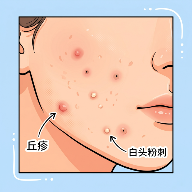 漫画风格，局部展示轻度痤疮的脸部皮肤，清晰呈现少量粉刺丘疹，线条干净色彩明快，适合科普插画，聚焦皮损局部细节预览效果