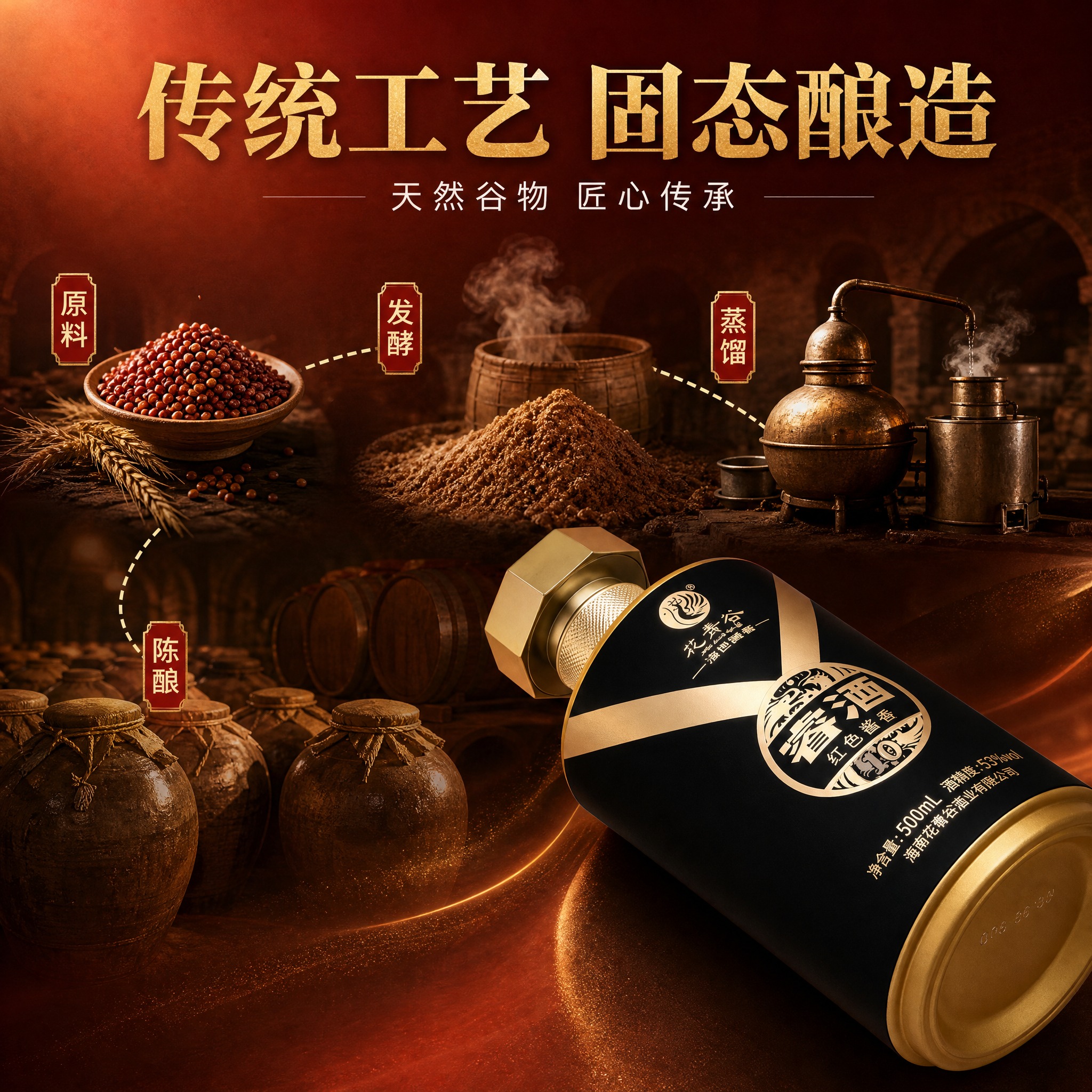 [主图-2] 花青谷睿酒酿造工艺图，展示传统固态发酵与天然谷物… - 图片创意预览