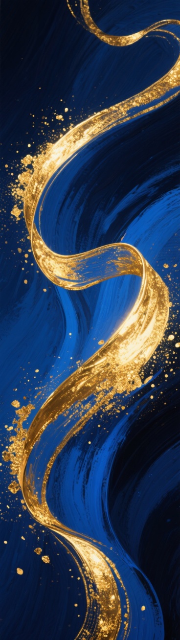 竖版长图，深蓝色背景带有明亮光泽，金色线条蜿蜒交错，呈现流畅的曲线形态，金色线条边缘有飞溅的金色颗粒和纹理，整体画面清晰，具有油画笔触质感，金色部分闪耀着金属光泽，蓝色部分亮度适中不暗沉预览效果