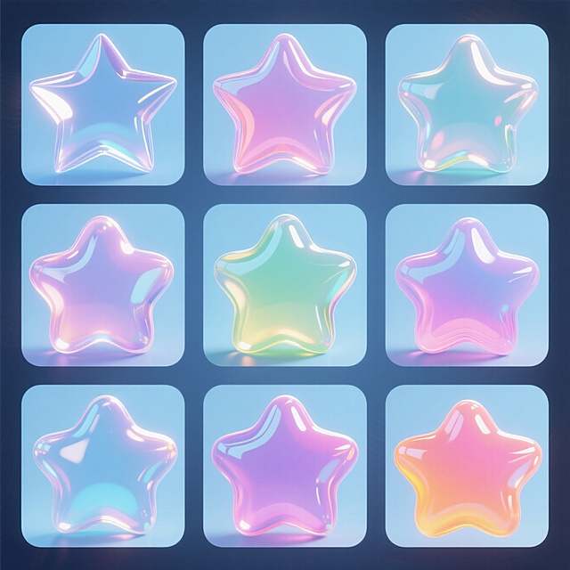 梦幻感软3D风充气星星，霓虹灯色彩渐变，九宫格排列，节日氛围浓厚。