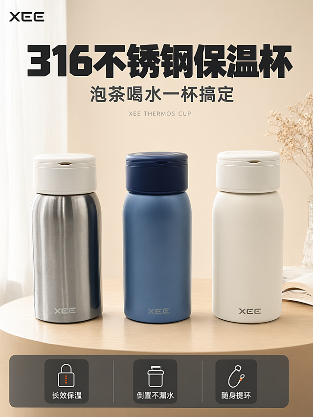 [第1张] 详情页头图-XEE三色保温杯全家福主视觉海报。本张使用【图1】作为商品主体（三色并排）。
[氛围/风格] 拼多多风格 大字直白 性价比感 洁净通透 暖米浅灰主调 与主图套图风格一致。
[元素布局] 画面中央三款保温杯并排直立 从左到右钢本色 雾蓝色 奶白色 杯盖提环闭合 杯身底部XEE Logo清晰 保持产品外观物理结构材质质感颜色与输入产品图完全一致 杜绝变形和色差 商品主体占比约55% 放置在浅木色圆形台面上 背景为暖米色渐变墙 左侧有白色纱帘透进自然光 右侧点缀一小束干花和一本打开的书 台面有柔和倒影 左上角XEE品牌Logo 顶部大标题区 底部三列卖点图标条。
[光影质感] 左前侧自然光为主光 柔和均匀打亮杯身 右侧辅光弱化阴影 杯身金属和磨砂质感有细腻层次 底部有自然接触阴影 整体明亮通透。
[配色色系] 全局底色 #F5F0E8 暖米白；主色深灰 #333333；辅助色促销橙 #FF6B35；图标卡片统一圆角浅灰底。
[视角构图] 平视正面 三款杯子等距排列居中 前景台面 中景产品 背景墙面纱帘 景深层次分明 阅读动线从上到下。
[文字版式] 顶部居中大标题「316不锈钢保温杯」 黑色超粗黑体大号 副标题「泡茶喝水一杯搞定」 深灰色中号 标题下一行小字英文装饰「XEE THERMOS CUP」 底部通栏三列等分布局 每列上图标下文字 左列 锁温图标 长效保温 中列 防漏图标 倒置不漏水 右列 便携图标 随身提环 白字深灰底圆角卡片 左上角XEE品牌Logo 提取自产品图原字形。
[比例分辨率] 3:4 竖版比例 高清画质 文字清晰可辨。
[负向提示词] 变形 水印 文字错乱 文字过小 缺件错件 结构错误 颜色偏差 产品图模糊 背景杂乱 电商平台Logo 人物面部。