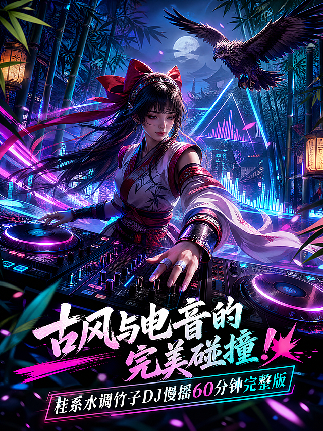 音乐封面，标题是"古风与电音的完美碰撞！💥桂系水调竹子DJ慢摇60分钟完整版"，融入游戏角色娜可露露打碟元素，古风竹林背景搭配电音霓虹灯光，潮流炫酷，画面不包含任何王者、娜可露露文字
