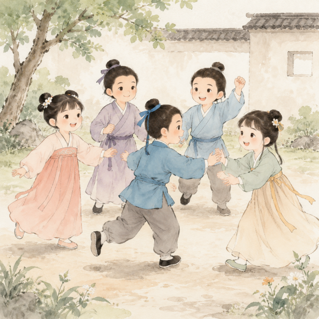 三五成群年龄稍大的孩子在玩耍，古风汉服，水彩水墨风格，卡通可爱造型，和参考图片一致的画风预览效果