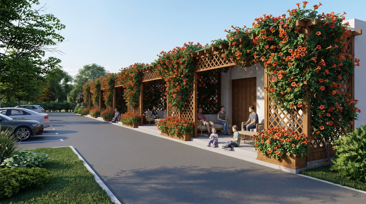 在此联排住宅门廊模型基础上生成效果图，将台阶花箱种植凌霄花，让凌霄花攀爬满整个木质花架，添加适量休闲人物在门廊区域，在门前修建一条4米宽的平整车道，在车道左侧增加垂直停车位，整体为写实户外住宅景观效果预览效果