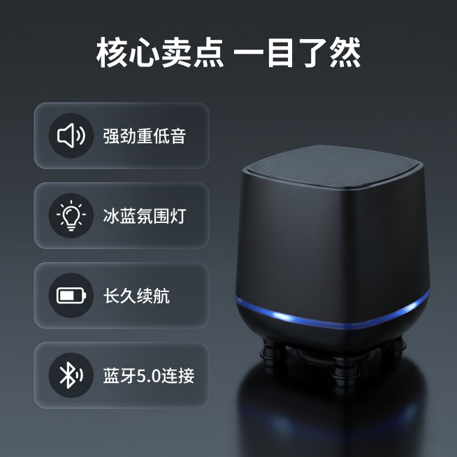 [主图-4] 蓝牙音箱核心参数卖点阵列展示主图，多亮点清晰呈现。
[氛围风格] 信息清晰的科技参数风，简洁专业
[画质] 商业摄影质感、光线柔和通透、产品清晰真实、画面干净高级。
[元素] 音箱主体放预览效果