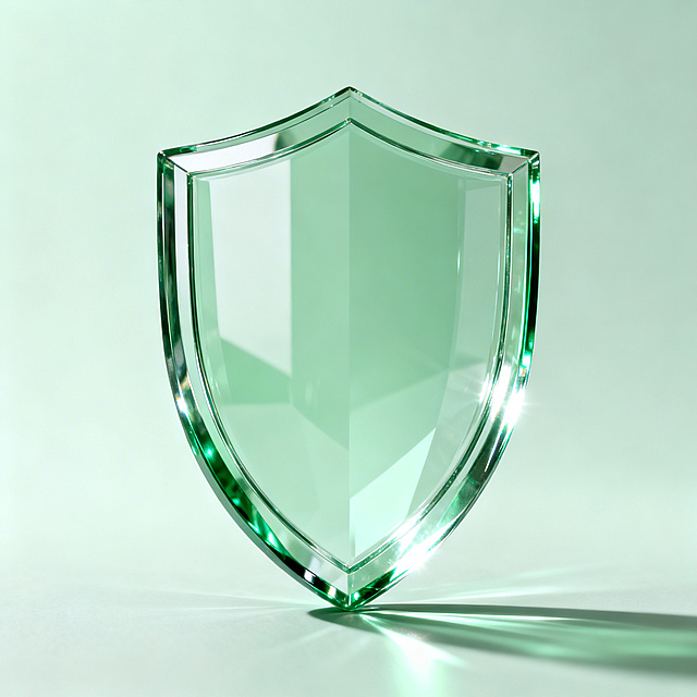 一个玻璃质感且带有光感的浅绿色保护盾牌，透明背景，造型简洁硬朗