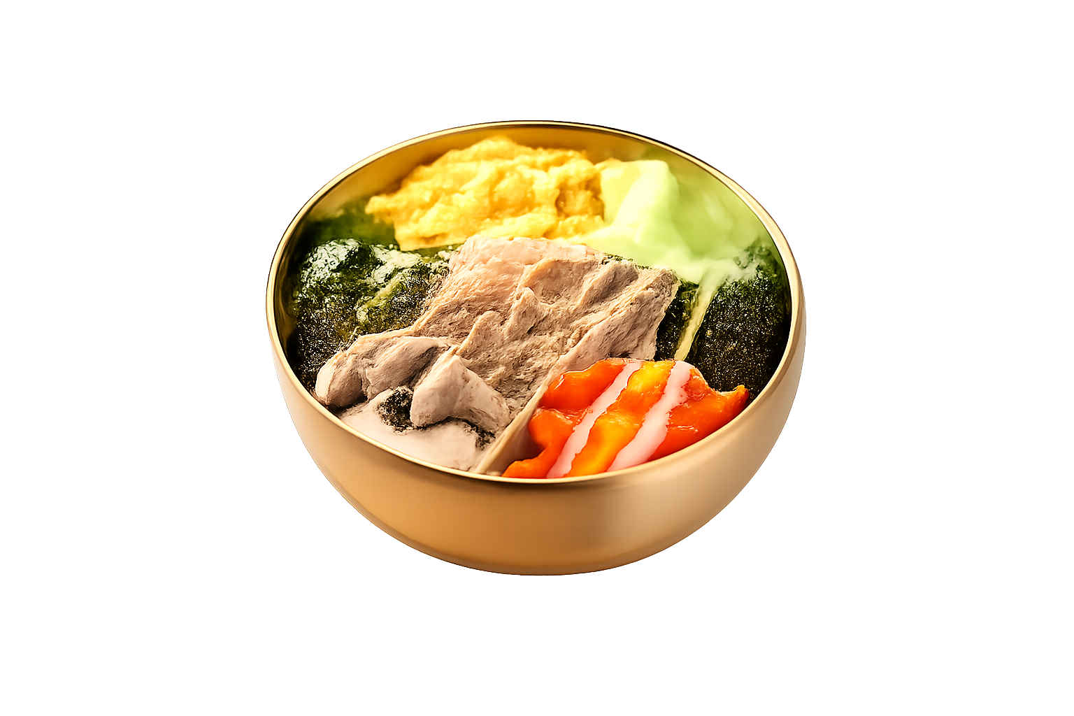 去掉图片中金碗下方的编织底座，保持金碗和碗内食物完整不变，背景… - 图片创意预览