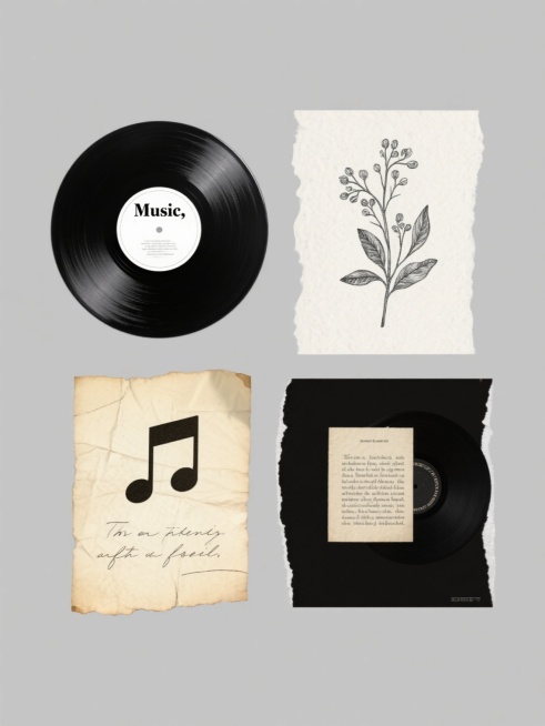 杂志风格设计，四个规整排布的素材，纯色背景，每个素材包含不同造型样式的复古元素。核心元素包括黑色密纹唱片（带有白色标签，标签上有“Music,”字样）、泛黄的旧纸张、手写体或印刷体英文文字片段、复古植物线条插画。整体采用拼贴艺术手法，展现出怀旧、文艺的氛围。光影柔和，具有轻微的质感和纹理，色彩以黑、白、米黄、浅灰为主，色调统一和谐。设计注重视觉层次感，元素排布疏密有致，具有杂志排版的简洁与精致。预览效果