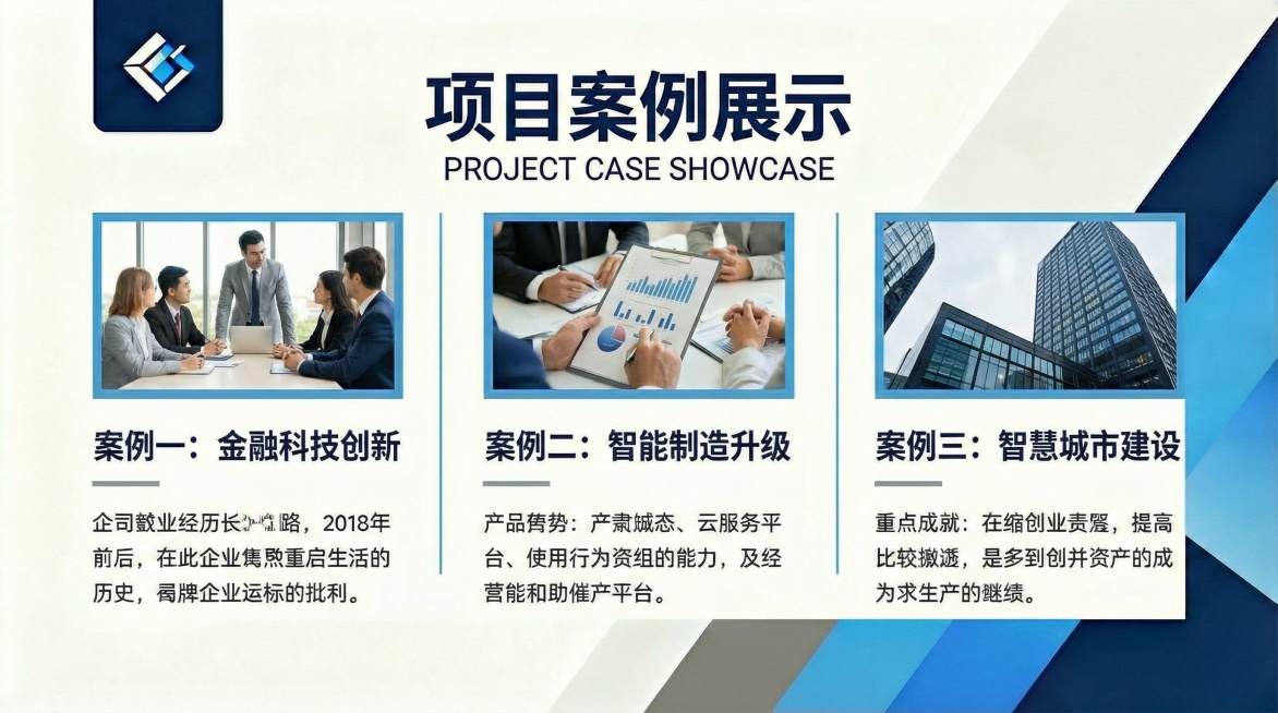 基于已有产品展示版式，设计商务简约风格PPT项目案例版式，左上角保留相同位置logo，配色为深蓝#002F6C、浅蓝#4F81BD、灰色#D9D9D9和白色#FFFFFF，字体使用思源黑体，页面上方为预览效果