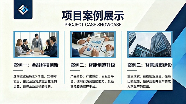 基于已有产品展示版式，设计商务简约风格PPT项目案例版式，左上角保留相同位置logo，配色为深蓝#002F6C、浅蓝#4F81BD、灰色#D9D9D9和白色#FFFFFF，字体使用思源黑体，页面上方为标题，下方分区域展示项目案例图和案例介绍，布局规整留白充足