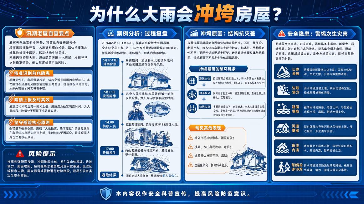 生成一张16:9比例的汛期科普知识问答海报，背景使用深邃科技蓝打底。整理整合上传的四张图片内容，按顺序排版保留所有核心文字信息和内容。顶部大标题为"为什么大雨会冲垮房屋?"，内容依次包含避险要点、案例预览效果