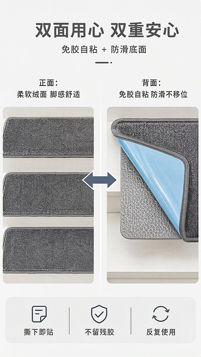[第5张] 详情页功能解析-免胶自粘背胶与防滑底面双重功能展示。本张使用【图1】作为商品主体，保留地毯产品，去除原图场景，展示底面结构。
[氛围/风格] 现代简约功能解析风，左右对比构图，清晰直观，科技质感。
[元素布局] 画面左右分屏：左侧展示踏步垫正面绒面朝上铺设在台阶上，右侧翻转展示底面背胶层和防滑底；两块产品各占约40%；中间用箭头连接示意一体两面；产品颜色、材质与输入图一致。
[光影质感] 顶部均匀柔光，正反面细节清晰，背胶层有轻微光泽，整体明亮干净。
[配色色系] 全局底色 #F7F7F7；主色高级灰 + 白色；辅助色浅蓝背胶层示意、深灰文字。
[视角构图] 正面平视，左右对称构图，阅读动线从顶部标题 → 左侧正面 → 右侧背面 → 底部总结。
[文字版式] 顶部居中主标题「双面用心 双重安心」，副标题「免胶自粘 + 防滑底面」；左侧上方标注「正面：柔软绒面 脚感舒适」；右侧上方标注「背面：免胶自粘 防滑不移位」；底部信息条：「撕下即贴 不留残胶 反复使用」；文字为深灰色现代无衬线字体。
[比例分辨率] 9:16 竖版比例，4K 分辨率，文字清晰可辨，高清画质。
[负向提示词] 地毯变形，颜色偏差，结构错误，水印，文字错乱，产品模糊，背景杂乱，缺件错件。
